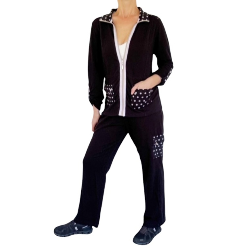 Vintage Y2K Onque Petite black polka dot matching track jacket and pants size PM